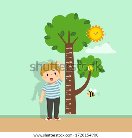 Vector illustration cute cartoon boy measuring his height with tree height chart on the wall.