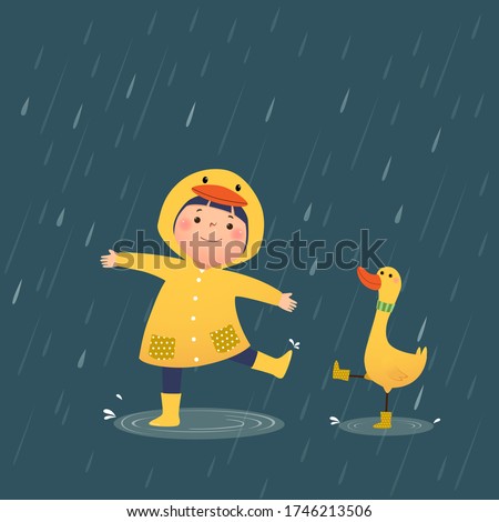 Vector illustration of a happy little girl in yellow hooded duck raincoat and rubber boots playing rain with the duck on a rainy day.