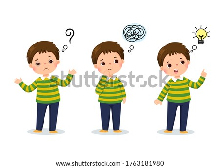 Vector illustration of cartoon child thinking. Thoughtful boy, confused boy, and boy with illustrated bulb above his head.