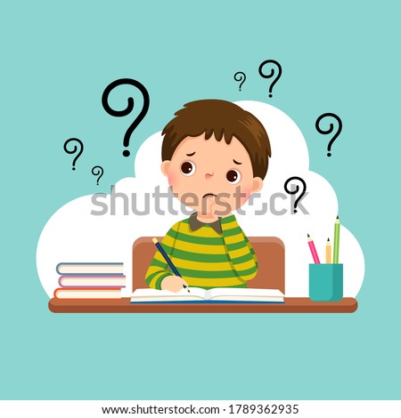 Vector illustration of a cartoon stressed little boy doing hard homework on the desk.