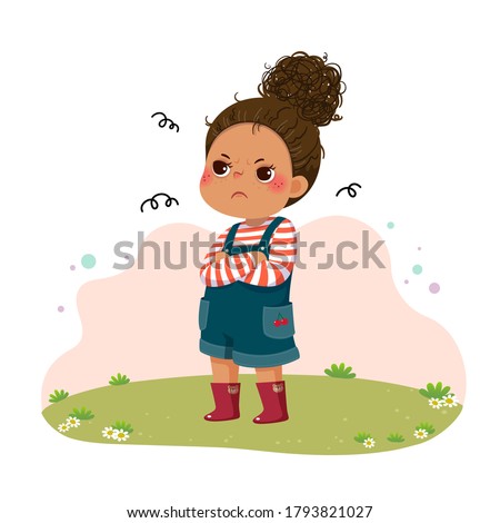 Vector illustration of cartoon little sulky girl standing with arms crossed on chest.