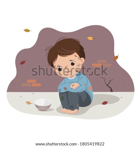 Vector illustration cartoon of a poor boy begging with an empty bowl. Homeless kid. Foto d'archivio © 