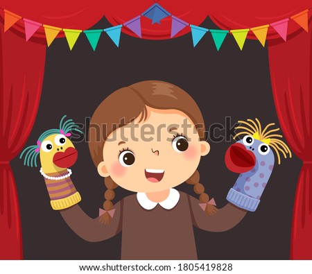 Vector illustration cartoon of little girl playing sock puppets theatre.