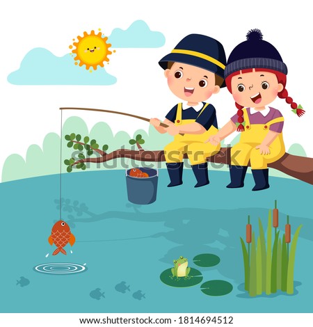 Vector illustration of little happy boy and girl sitting on the branch and fishing in a pond. Fisherman kids.