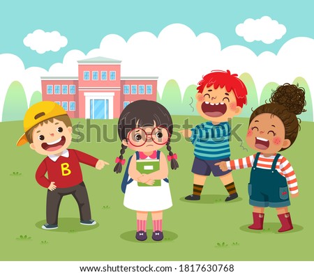 Vector illustration cartoon of a sad little girl being bullied by her schoolmates in schoolyard.