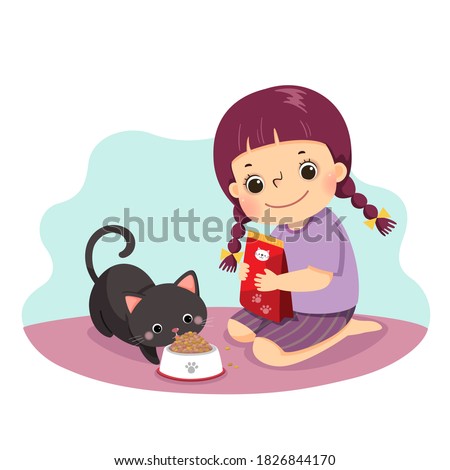 Vector illustration cartoon of a little girl feeding her cat at home. Kids doing housework chores at home concept.