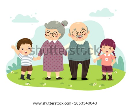 Vector illustration cartoon of grandparents and grandchildren standing holding hands in the park. Happy grandparents day concept.