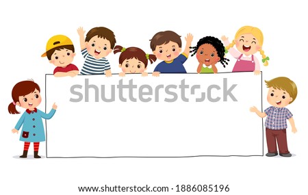 Vector illustration cartoon of children holding blank sign banner. Template for advertising.