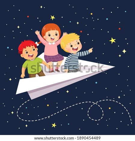Vector illustration cartoon of happy three kids flying on the paper airplane in the starry sky at night.
