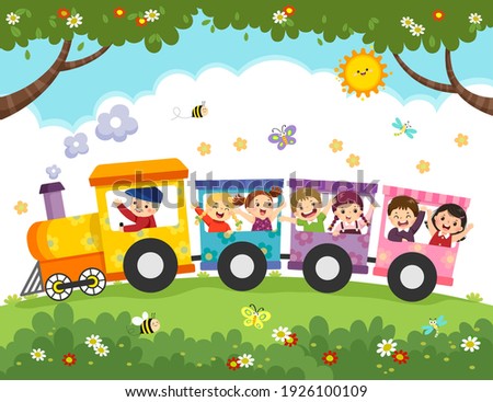 Vector illustration cartoon of happy kids with the train.