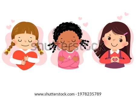 Set of vector illustration cartoon of little girls hugging themself. Self love, self care, positive, happiness concept.