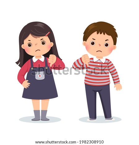 Vector illustration cartoon of a little boy and girl showing thumbs down with negative expression.