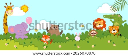 Vector horizontal banners with happy wild animals standing behind the bushes in paper cut style. Place for text.