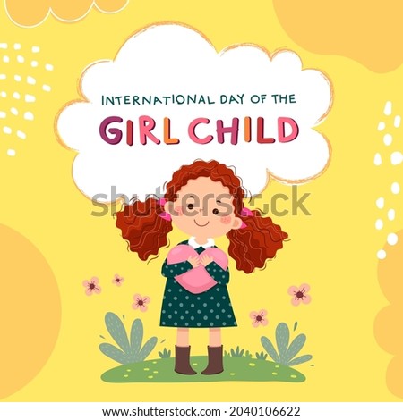International Day of the girl child background with curly red hair little girl hugging heart. Stock foto © 