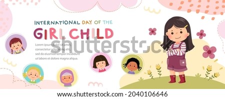 Vector horizontal banners with a little girl hugging herself. International Day of the girl child. Stock foto © 