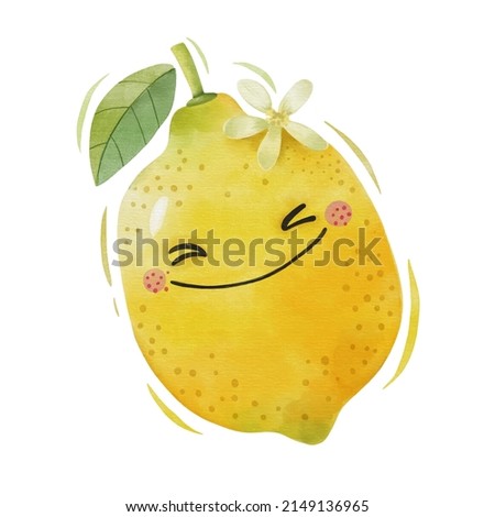 Watercolor cute lemon cartoon character.