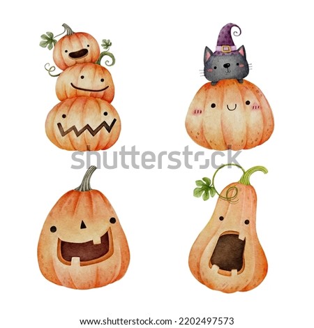 Set of watercolor Halloween pumpkins set 2. Vector illustration.