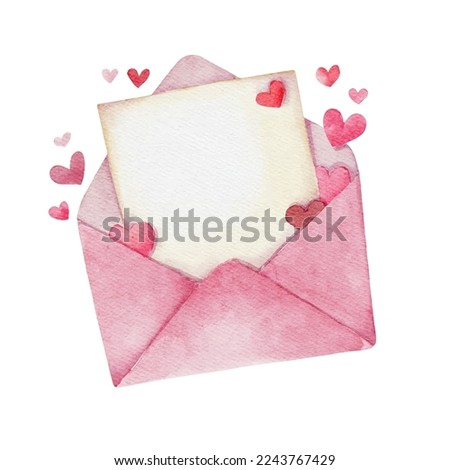 Pink envelope with blank paper and hearts in watercolor style. Love letter for Valentines day.