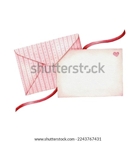 Pink envelope with blank paper in watercolor style. Love letter for Valentines day.