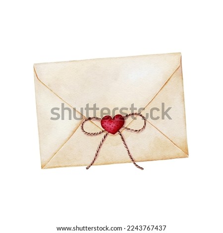 Envelope decorated with string twine rope bow and red heart. Love letter for Valentines day.