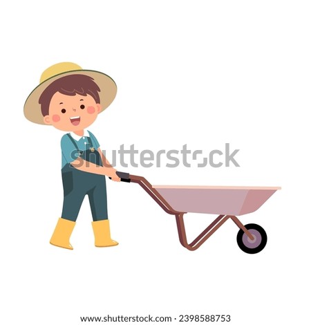 Little boy gardener pushing empty wheelbarrow