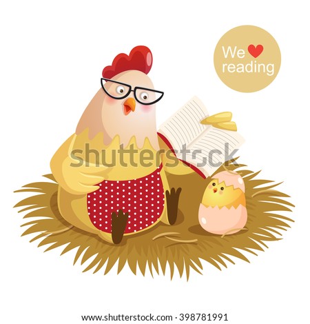 Vector illustration of cartoon hen and chick reading a book
