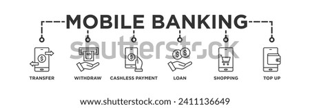 Mobile banking banner web icon vector illustration concept with icon of transfer, withdraw, cashless payment, loan, shopping, top up	