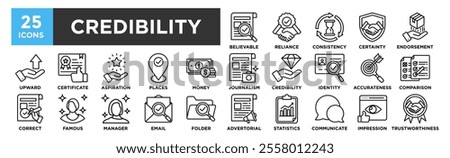 Credibility icon collection set. Containing design Believable, Reliance, Consistency, Certainty, Endorsement