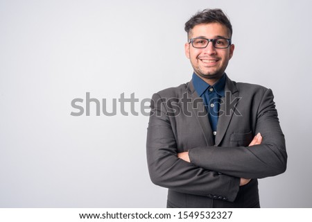 Similar – Image, Stock Photo Man in white with long gray hair and glasses standing on a garden with his hands together in meditation