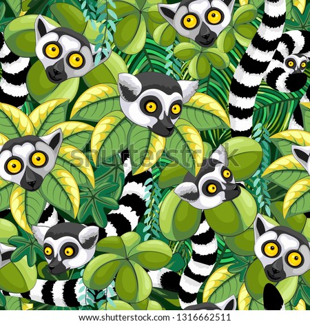 Lemurs of Madagascar in Exotic Jungle Seamless Pattern Vector Textile Design