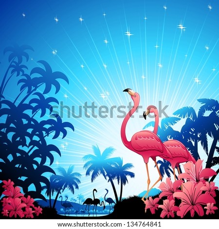 Pink Flamingos on Blue Tropical Landscape