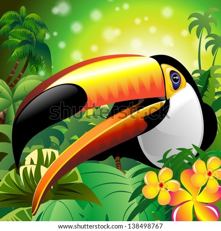 Toucan Close Up Art Design on Tropical Jungle