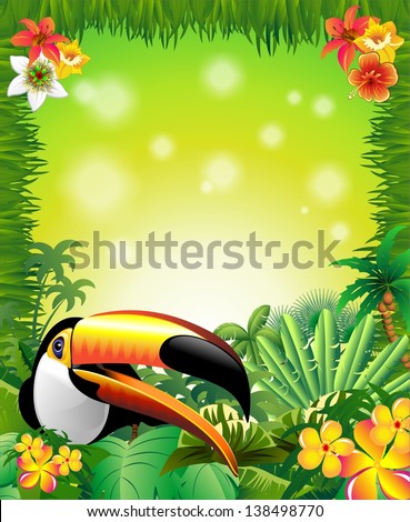 Toucan on Green Wild Jungle Frame Background