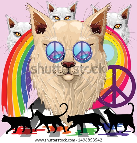 'Imagine' Cat Rainbow Peace and Love with the Four Liverpool Legendary Dudes Surreal Vector Illustration 
