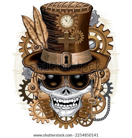 Skull Steampunk Voodoo Retro Gothic Creepy Surreal Machine with Clocks, Gears, Bolts Vector Illustration isolated on white

