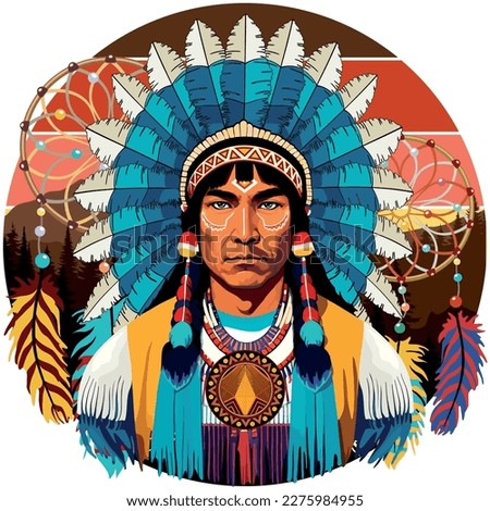 Proud Native American Chief Powerful Portrait with Dream Catchers and Mountains on Background Vector Logo Illustration
