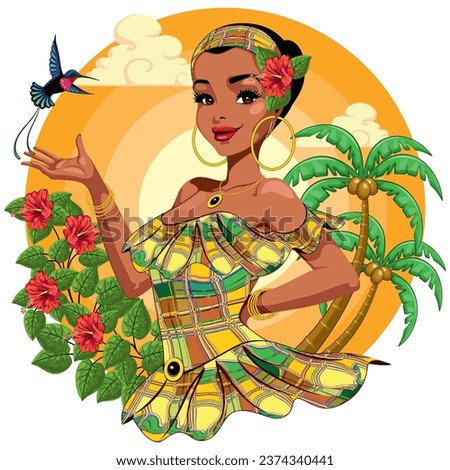 Caribbean girl wearing Traditional Dress with Beautiful Hummingbird and Hibiscuses Flowers Vector Illustration
