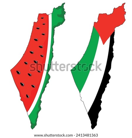 Palestine Map Watermelon and Palestinian Map with Flag, Set of two Maps Vector Illustration graphic art isolated on white