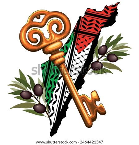 Palestinian Key, Palestine Map and Olive Tree Branches Symbols of Freedom Vector Illustration
