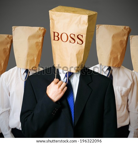 army of businessman with a paper bag on head