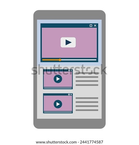 Mobile device with video player interface. Multimedia content screen. Online streaming application. Digital playback technology. Vector illustration. EPS 10.