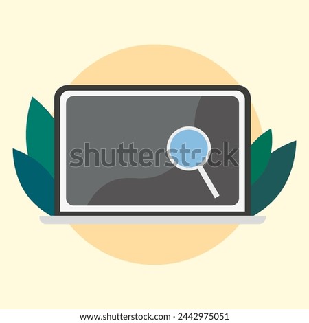 Online search concept. Magnifying glass on laptop screen. Digital research symbol. Internet browsing illustration. Vector illustration. EPS 10.
