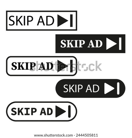 Skip ad button set. Online video advertising icons. Media player interface. Vector illustration. EPS 10.
