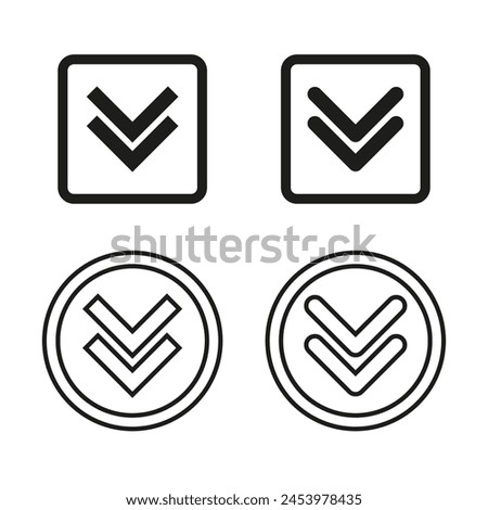 Double arrows icon set. Direction indicators in square and circular frames. Interface navigation symbols. Vector illustration. EPS 10.
