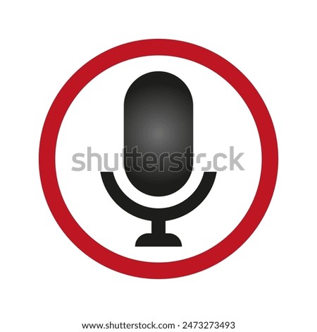 Microphone icon vector. Black mic symbol. Red circle outline. White background.