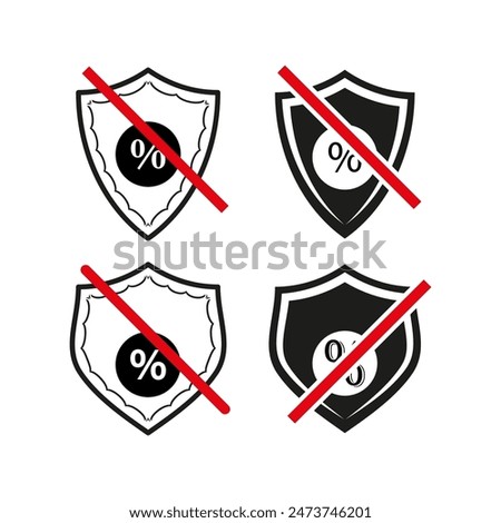 Prohibition shield icons with percent signs vector set. Discount not allowed symbols. Price control concept illustrations.