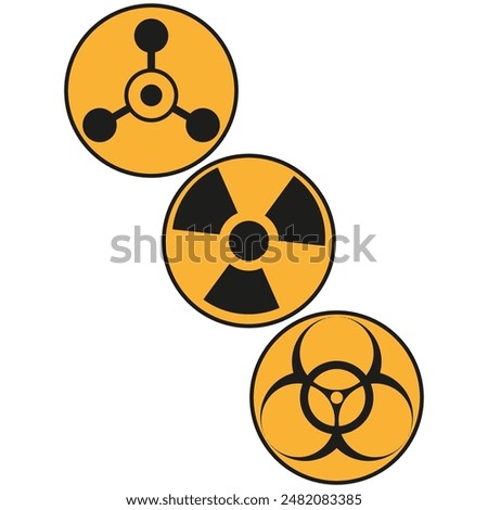 Hazard warning signs. Chemical, radioactive, biohazard. Yellow circle vector. Safety symbol set.
