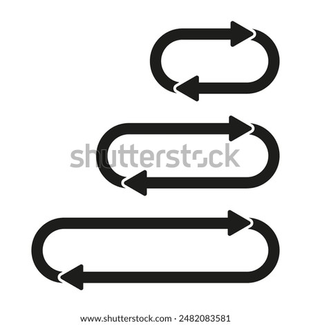 Curved arrows icons. Directional loop symbols. Black and white vector. Navigation and flow.