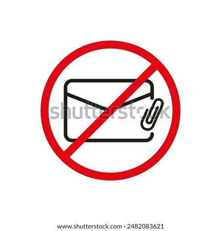 No email attachment icon. Red prohibition symbol. Envelope with clip. Vector illustration.