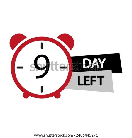 Clock countdown icon. Red alarm clock. Nine days left. Bold text vector.